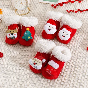 İnstagram Çocuklar Noel Yeni Yıl Kuzu Polar Çorap Bebek Çorap Büyük Kırmızı Bebek kaymaz Kat Çorap