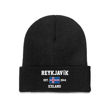 İzlanda EST.1944 Reykjavík Sermaye Erkekler Kadınlar Unisex Örme Şapka Kış Sonbahar Baskı Bere Kap Sıcak Kaput