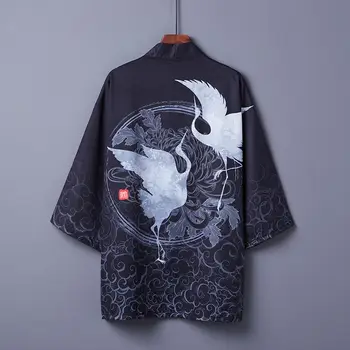 Japon Kimono Geleneksel Giyim Vinç Baskı Kimono Streetwear Gömlek Kadın Samurai Haori Hombre Yukata Hırka Gömlek