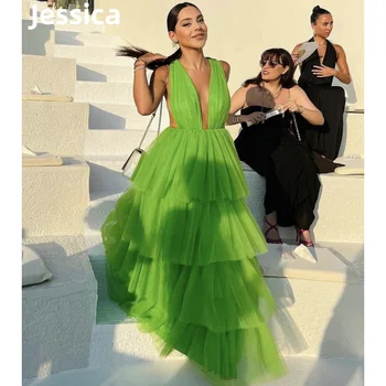 Jessica Derin V Yaka Yeşil balo kıyafetleri Çoklu Katmanlar Tül Abiye Vestidos De Noche kadın Düğün Parti Dressese