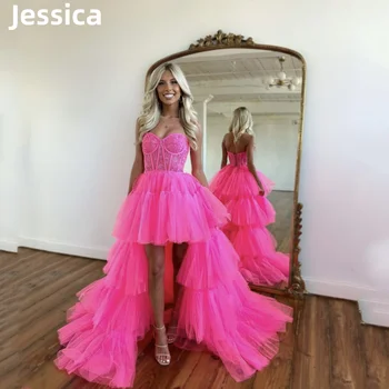 Jessica Sıcak Pembe balo kıyafetleri Tül Yüksek Ve Düşük Katmanlı Abiye Vestidos De Fiesta Resmi Günler Parti Dressese
