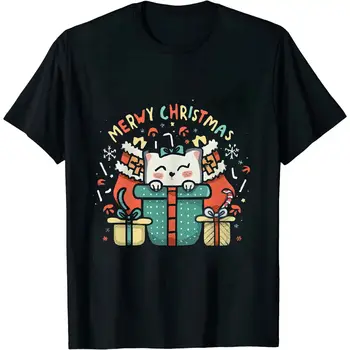 JEUXUS Santa Şapka Kedi Noel Kızlar Çocuklar İçin Miyav Kedi Noel T-Shirt