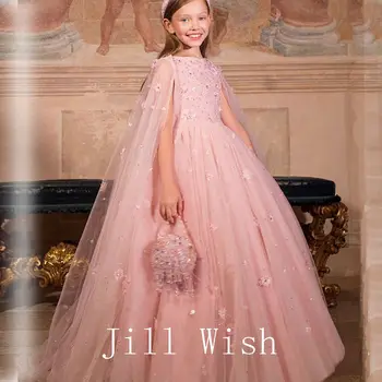 Jill Dilek Lüks Pembe Çiçek Kız Elbise Pelerin Çiçek Boncuk Düğün Doğum Günü Partisi Prenses Çocuk Balo Pageant J112