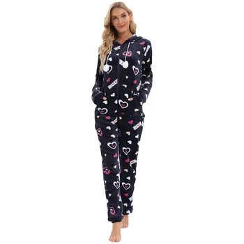 Kadın Baskı Polar Pijama Kış Kalınlaşmak Pijama Pijama Kapşonlu Tulum Tulum Clubwear Peluş Gecelikler Onesie Kadın