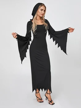 Kadın Cadılar Bayramı Düz Renk Kapşonlu Elbise Kostüm Gotik Cadı Kostüm Uzun Kollu Bahar Sonbahar uzun elbise Karnaval Parti için