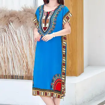 Kadın Elbise Etnik Tarzı Yuvarlak Boyun Baskı Kontrast Renk Geometrik Baskı Kazak Gevşek Kısa Kollu Midi Elbise Bayan Giyim
