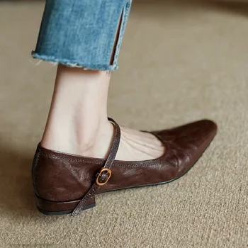 Kadın Flats Mary Jane Bir Kayış Toka Ayakkabı Kadın Koyun Derisi Düz Topuk 2CM Fransız Tarzı Bahar Sonbahar Vintage basit ayakkabı