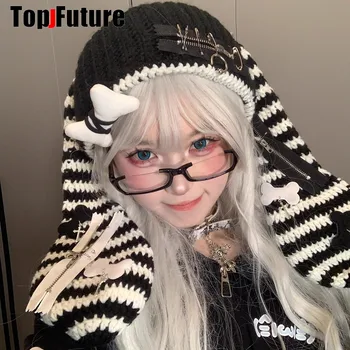 Kadın Harajuku Gotik Lolita Tavşan Kulak Şapka Tasarımcısı kürklü Kış Bere Şapka Kadın Y2K Kızlar tavşan kulak fermuar punk sevimli şapka