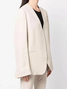 Kadın Takım Elbise Ceket 2023 Yeni Keten Karışımı V Yaka Düğmesiz Düz Renk Basit Banliyö Uzun Kollu Blazer Cepler İle