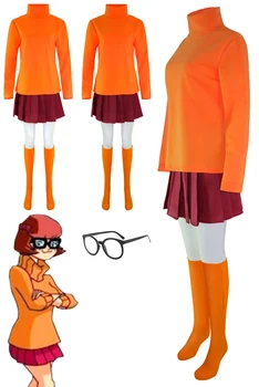Kadın Velma Cosplay Fantezi Gözlük Ceket Etek TV Scooby Cosplay Doo Disguise Kostüm Kız Yetişkin Kadın Cadılar Bayramı Roleplay Takım Elbise