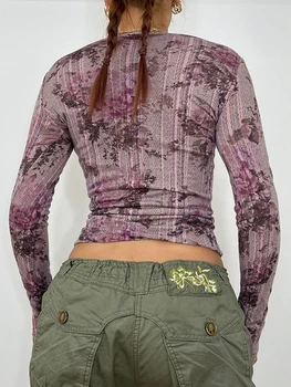 Kadın yaz ince kırpılmış üstleri Retro çiçek baskı uzun kollu yuvarlak boyun T-Shirt Streetwear