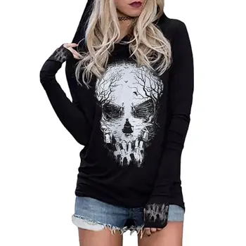 Kadınlar Gotik Kafatası Baskı Hoodies Koyu Estetik Uzun Kollu T-Shirt Cadılar Bayramı Gömlek İlkbahar Sonbahar Casual Kapşonlu Üstleri Streetwear