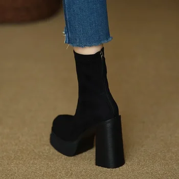 Kadınlar için Ayakkabı 2023 Moda Kış Kadın Botları Orta Buzağı Düz Renk Akın Yüksek Topuklu Su Geçirmez Fermuar Tıknaz Topuk Ayakkabı Kadın