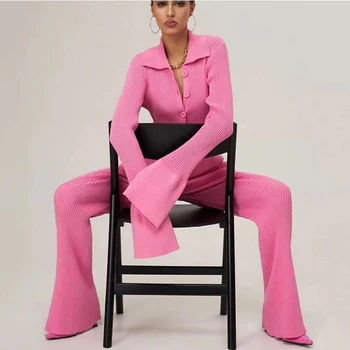 Kadınlar için moda İnce Örgü Pijama Seti Yaka Flare Uzun Kollu Tek Göğüslü Hırka Kazak ve Pantolon İki Parçalı Ev Takım Elbise