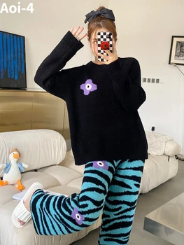 Kalınlaşmak Örgü Pijama Takım Elbise Kadın Sonbahar Kış Yeni Siyah Çiçek Üst + Zebra Pantolon Gevşek Sıcak Tatlı Moda Dış Giyim Ev Giysileri