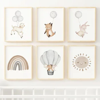 Karikatür Tilki Koyun Tavşan Gökkuşağı Güneş Balon Posterler Ve Baskılar Kreş Tuval Boyama Duvar Sanatı Oturma Odası Ev Dekorasyon