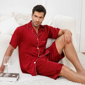Katı Yaka Pijama Seti Erkekler Yeni Pijama Düğmeleri İle 2 adet Gömlek ve pantolon uyku tulumu Yaz Erkek Saten Kısa Kollu Kıyafeti