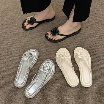 Kauçuk Flip Flop Terlik Kadın Yaz platform ayakkabılar Düşük Çiçek Pantofle Lüks Slaytlar Hawaiian 2023 Düz Tasarımcı PU Temel