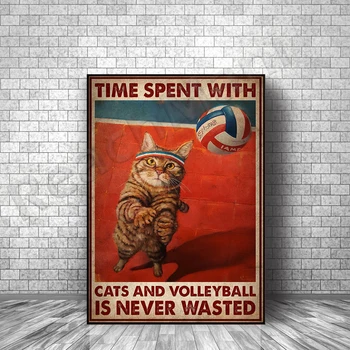 Kedilerle ve voleybolla geçirilen zaman asla boşa harcanmaz poster, kedi sanatı, plaj voleybolu, voleybol premium kedi duvar dekor posteri.