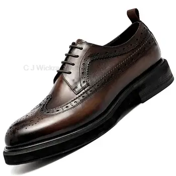 Klasik iş ayakkabısı Erkekler Oxford Derby Hakiki Deri Yuvarlak Kafa Moda Lace Up Yüksek Kalite Ofis Düğün Resmi Brogue Ayakkabı