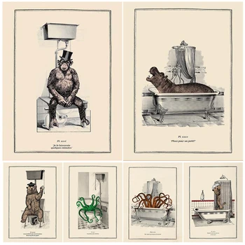 Komik Banyo Hayvan Duvar Sanatı Gerçeküstü Gotik Tuval Boyama Ayı Ve Orangutan Tuvalet sanat posterleri Ve Baskı Ev Dekor