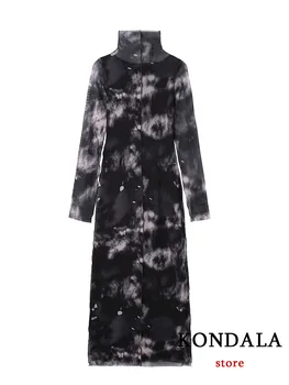 KONDALA Vintage Batik Kadın Elbise Uzun Kollu Siyah Baskı Balıkçı Yaka İnce Elbise Moda 2022 Kadın Vestidos