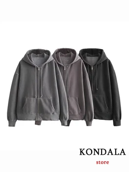 KONDALA Şık Streetwear Katı Gri Kapüşonlu Sweatshirt Cep Rahat Kalın Uzun Kollu Gevşek Moda 2023 Kış Tüm Maç Dış Giyim