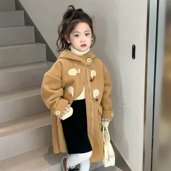 Kore Sonbahar Kış Çocuk Kız Ceket Pamuk Polar Sıcak Pençe Düğmesi Çocuk Kız Trençkot Katı Ekose Kapşonlu Çocuklar Kız Ceket