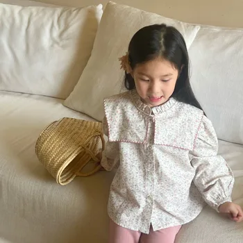 Kore tarzı kızlar kare yaka çiçek gömlek Çocuklar tatlı pamuklu uzun kollu tişört casual gömlek Tops