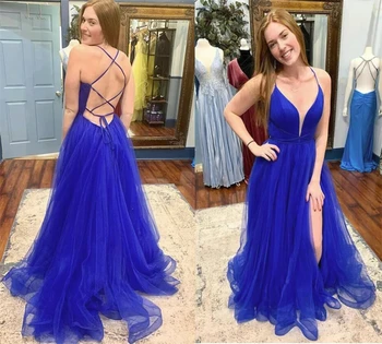 Kraliyet Mavi Backless balo kıyafetleri Bir Çizgi Criss Çapraz Pilili Tül Uzun Akşam Partisi Törenlerinde Yarık Ön Resmi Elbise 2024