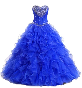 Kraliyet Mavi Organze Balo Quinceanera Elbise Lüks Kristaller 15th Doğum Günü Törenlerinde Sevgiliye Vestidos De 15 Años Korse Geri