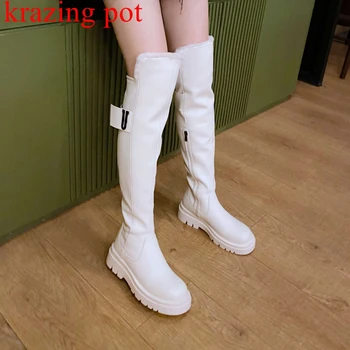 Krazinog Pot Büyük Boy 43 Yün Kürk El Yapımı Binicilik Botları Sıcak Tutmak Kış Ayakkabı Platformu Zarif Kadın Over-the-diz çizmeler