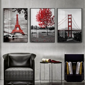 Kırmızı Ağaç Siyah Beyaz Paris Kulesi Posterler ve Baskılar Golden Gate Köprüsü Tuval Resim Sergisi Sanat Duvar Resimleri için Oturma Odası Dekor
