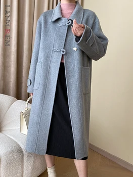 LANMREM Kore Tarzı Düz Renk Yün Ceket Kadın Yaka Cepler Tek Göğüslü Orta Uzunlukta Giyim 2023 Kış Yeni 2AA3068