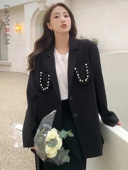 LANMREM Moda İnciler Eklenmiş Tasarım Siyah Blazer Kadın Çentikli Yaka Tek Göğüslü Ceket Streetwear 2023 Sonbahar Yeni 2AA3353