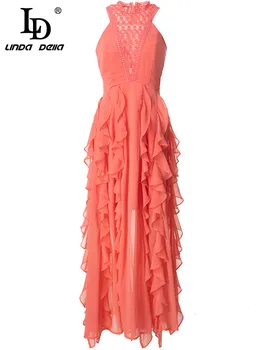 LD LINDA DELLA 2023 Yeni Moda Pist yaz elbisesi Kadın Patchwork Örgü Nakış Fırfır Yüksek bel kolsuz mercan kırmızı Elbise