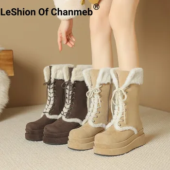 LeShıon Of Chanmeb Kadın Polar Kesilmiş Kar Botları Kış Tıknaz Alt Platformu Yün Karışımı Çizme Kadın Dantel-up Goth Ayakkabı Fermuar