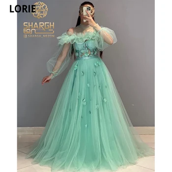 LORIE Tül Abiye Vestidos De Fiesta Yüksek Boyun Uzun Kollu 3D Çiçekler Parti Elbiseler Örgün Törenlerinde A-line Abiye giyim