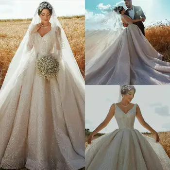 Lüks Dantel Balo gelinlik 2020 V Yaka Dantel Sequins gelinlikler robe de mariée Artı Boyutu Arapça Kilise düğün elbisesi