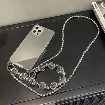 Lüks DIY Crossbody Kordon Kolye Gümüş Boncuk Zincir Ayna Kılıfı iPhone 11 12 13 14 Pro Max XR X XS 7 8 Artı SE 20 Kapak