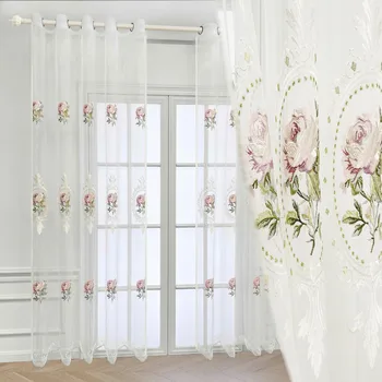 Lüks Pembe Şakayık Nakış Tül Perde Oturma Odası Yatak Odası İçin Amerikan Pastoral Çiçek Beyaz Şeffaf Vual Perdeler Özel
