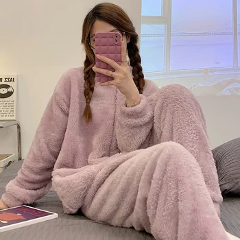 M-XXL Sonbahar ve Kış Fermuar Hırka Pijama kadın Düz Renk Seti Pazen Ev Kürk Kalınlaşmış Sıcak Mercan Polar Pijama