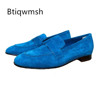 Mavi lüks ayakkabı adam sivri deri gerçek süet deri daireler erkek moda parti ayakkabıları