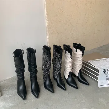 Med Topuk Çizmeler kadın lastik ayakkabı yağmur çizmeleri - Kadınlar Lüks Tasarımcı Bayanlar 2023 Moda Over-the-Diz Sivri Kumaş Dantel-Up Fr