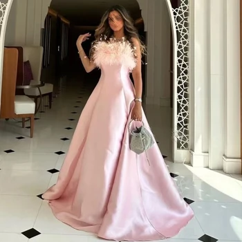 Meetlove kadın Abiye Pembe Saten Kolsuz balo kıyafetleri Tüyler Kat Uzunluk Örgün Parti Elbiseler vestidos de novia