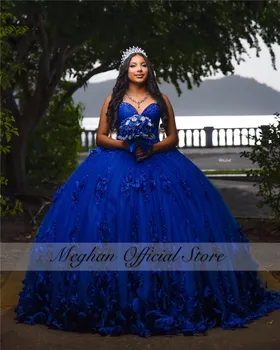 Meksika Kraliyet Mavi Sevgiliye Quinceanera Elbise 2023 Boncuklu 3D Çiçekler Korse Balo Elbise Balo Tatlı 16 15 Robe De Bal