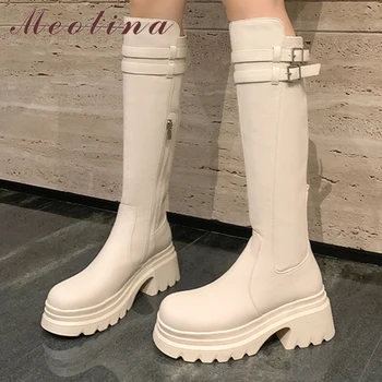 Meotina Kadın Hakiki Deri Diz Yüksek Uzun Çizmeler Yuvarlak Ayak Blok Yüksek Topuklu Platformu Toka Fermuar Gogo Çizme Bayan Ayakkabıları Kış