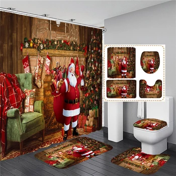 Merry Christmas Kırmızı Yay Baskılı Duş Perdesi Banyo Perdeleri Noel Festivali Dekorasyon ayaklı kilim Tuvalet kapak Banyo Paspas