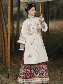 Ming Hanedanı Hanfu At yüz Etek Kadınlar İçin Kırmızı Üst Pipa şeklinde Büyük Kollu Beyaz Antik Çin Hanfu Geleneksel Set