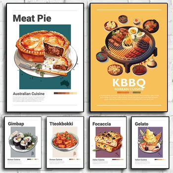 Minimalist Kore Avustralya İtalya Gıda Posteri İskandinav Etli Turta Pizza Tuval Boyama Duvar Sanatı Mutfak Restoran Ev Dekor için